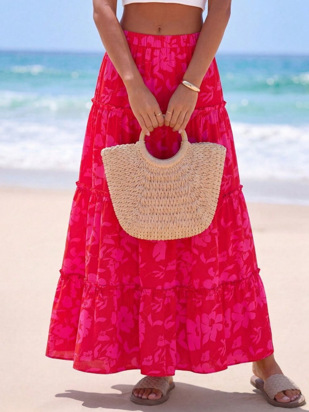 Red And Pink Casual Women's Floral Tiered A-Line Maxi Skirt - Picture 5 of 5